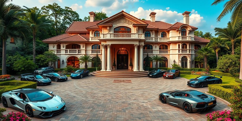 Luxurious mansion with exotic cars and lush gardens